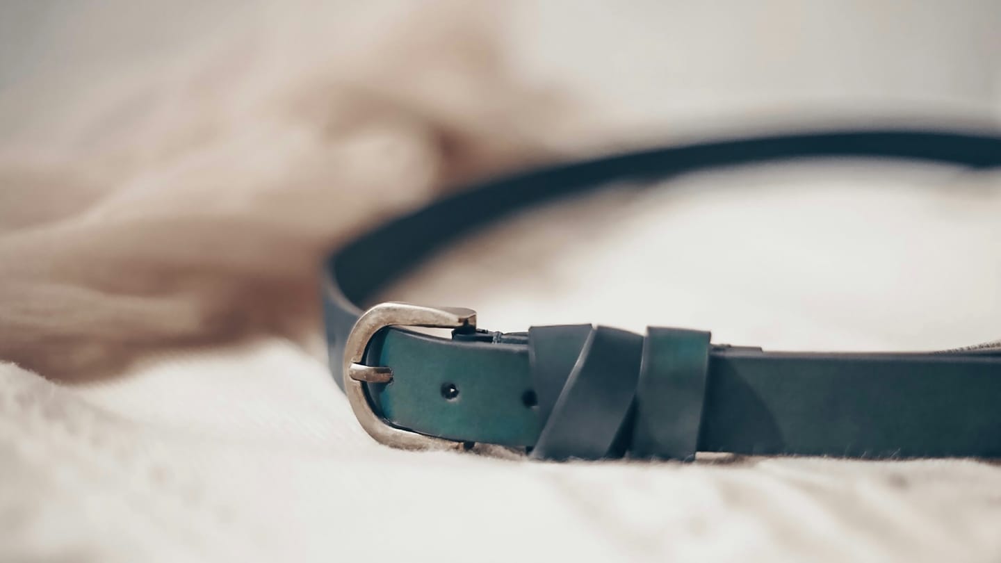 Hardware detail: a belt buckle photographed close up