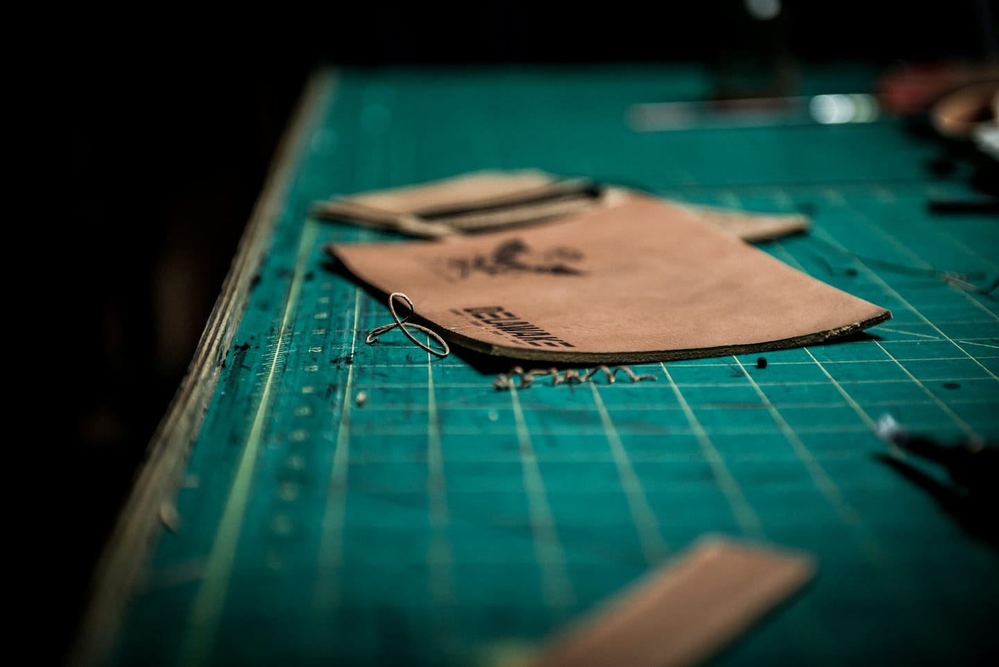 Workshop imagery: leather cutting tools on a bench