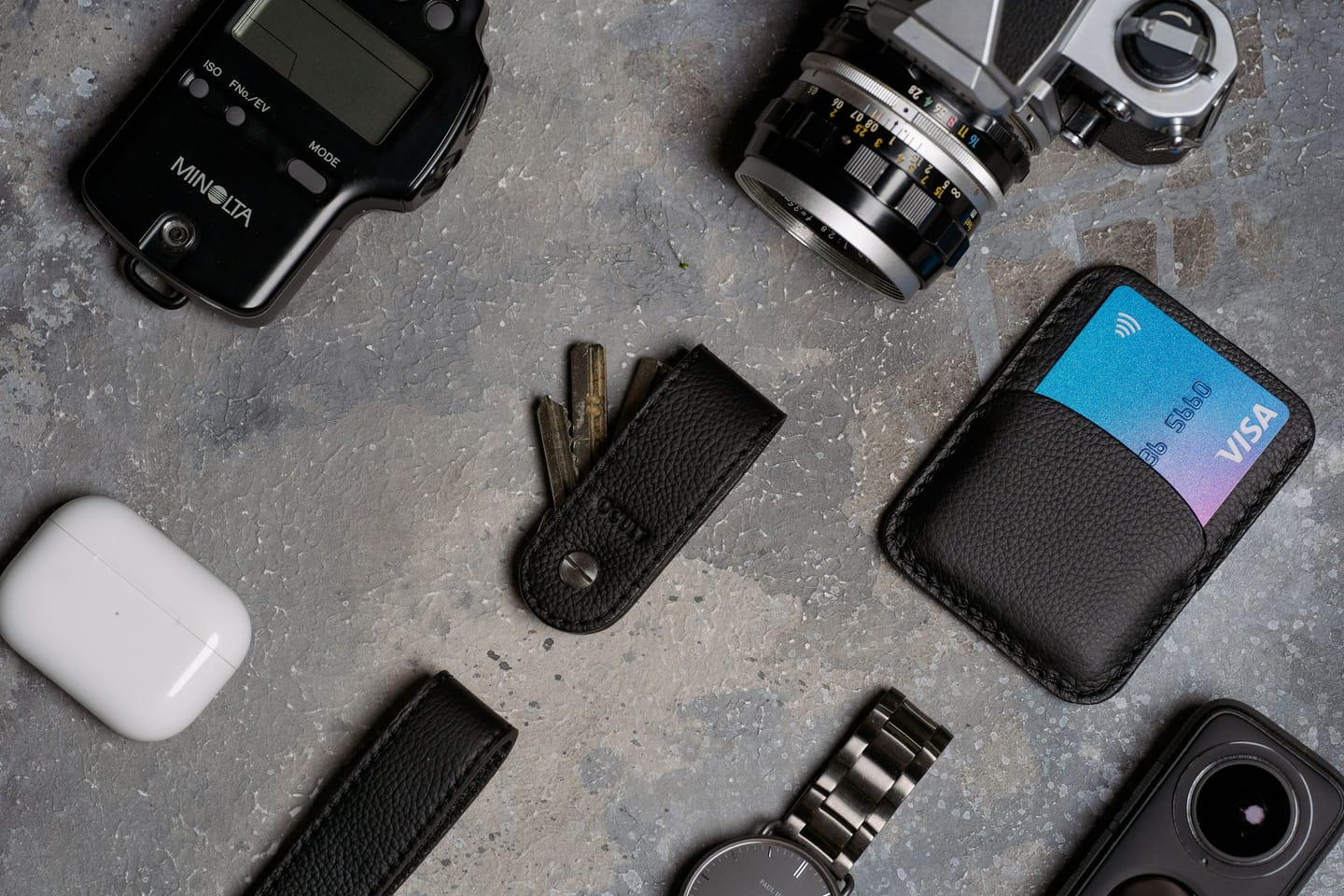 Accessories manufacturing context: accessories arranged as a flat lay